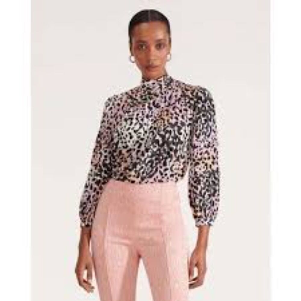 VERONICA BEARD Womens Top Size 2 Pink Cheetah Pleated Pintuck Mock Neck LETY